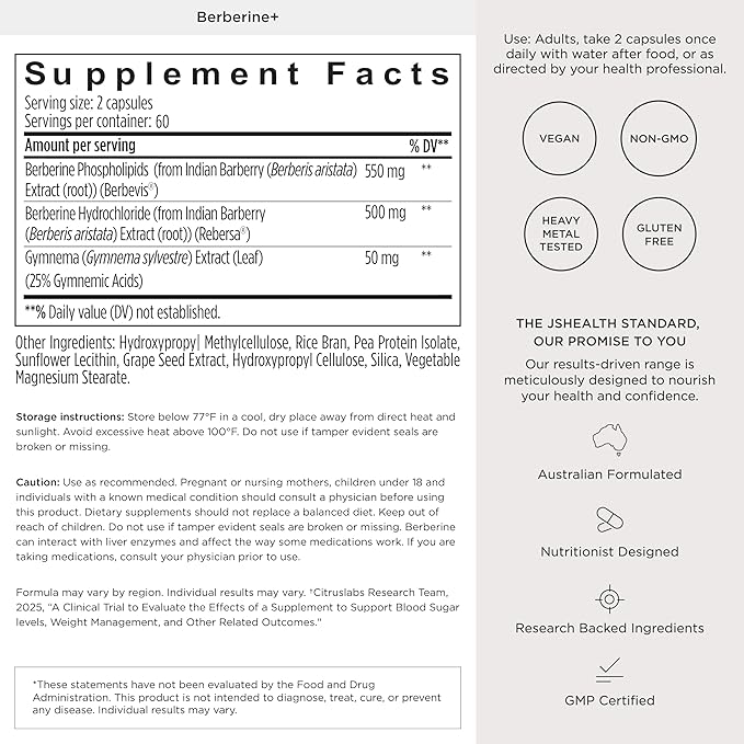 JSHealth Berberine Supplement with Berbevis for Metabolic Health Support. Higher Strength for Blood Sugar Already in the Normal Range and Body Composition. By Nutritionist Jessica Sepel (60 Capsules)