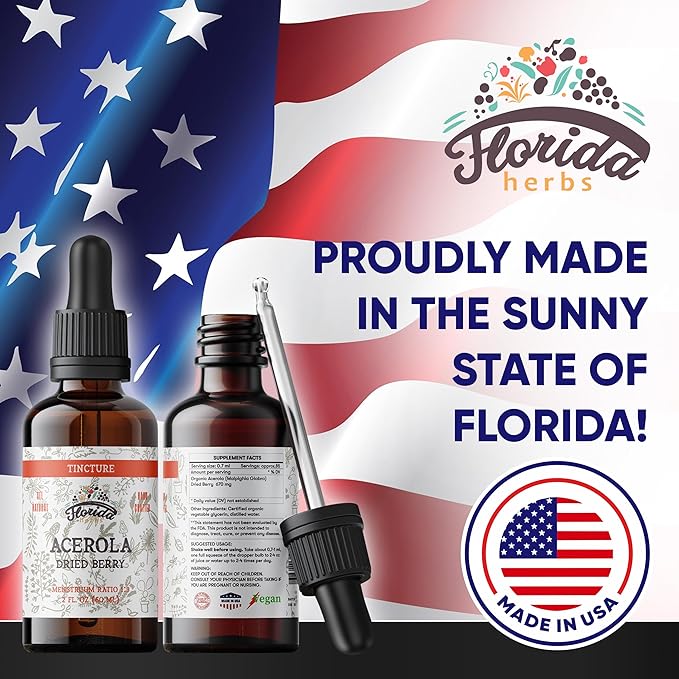 Acerola Tincture (Vitamin C), Organic Acerola Extract (Malpighia Glabra) Dried Berry for Blood, Heart, Arteries, Non-GMO in Cold-Pressed Organic Vegetable Glycerin, Florida Herbs Supplements