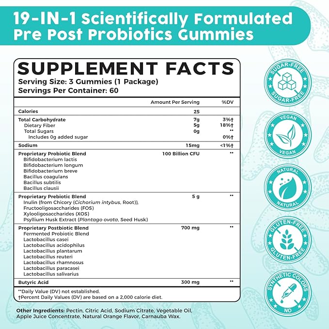 (180 Count) Probiotic Gummies, 19 in 1 Prebiotics Postbiotic Probiotic Gummies, 100 Billion CFU Probiotics for Women Men, Complete Immune, Gut & Digestive Support*, Sugar Free, Vegan