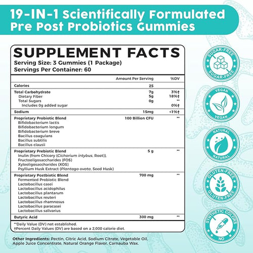 (180 Count) Probiotic Gummies, 19 in 1 Prebiotics Postbiotic Probiotic Gummies, 100 Billion CFU Probiotics for Women Men, Complete Immune, Gut & Digestive Support*, Sugar Free, Vegan
