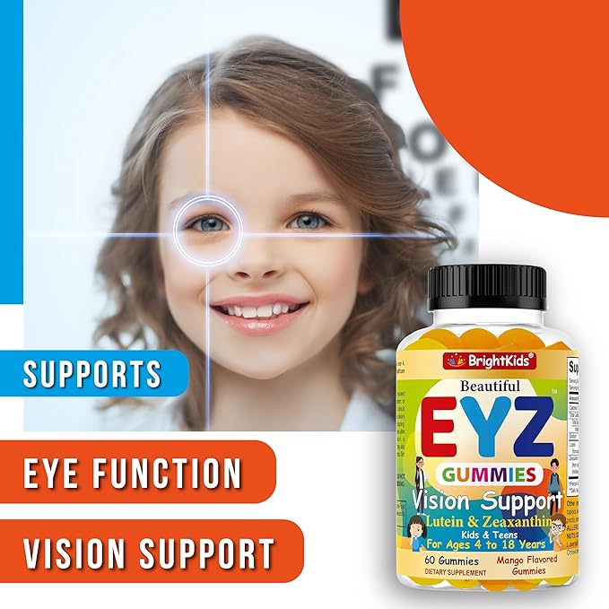 BrightKids Eye Health Gummies for Kids & Teens – Lutein & Zeaxanthin Vision Support – Vegan, Non-GMO Eye Vitamins for Screen Time – Tasty Mango Flavor – 60 Gummies