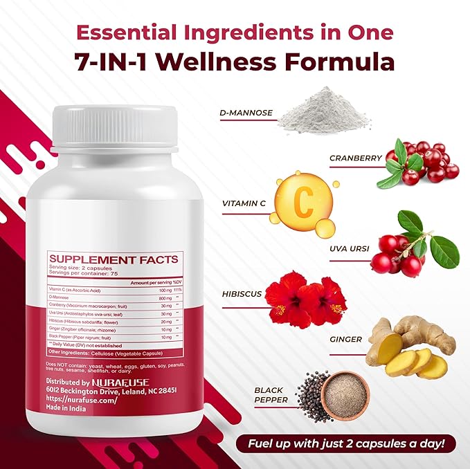 D-Mannose with Cranberry, Uva Ursi, Hibiscus, Ginger, Black Pepper - Supports Urinary Tract Health, Bladder Cleanse