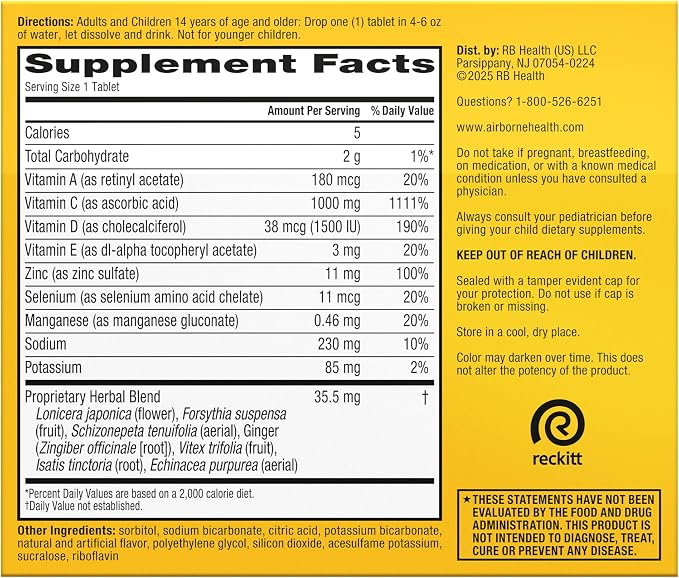 Airborne Variety Pack 1000mg Vitamin C with Vitamin D & Zinc, Sugar Free Multivitamin Immune Support Supplement, Antioxidants Vitamins A C & Vitamin E, 30 Effervescent Tablets, Citrus + Verry Berry