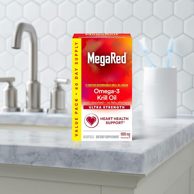 MegaRed Ultra Strength 1000mg Omega-3 Krill Oil Supplement with EPA/DHA, Astaxanthin & Phospholipids, No Fish Oil Aftertaste Supports Heart, Brain, Joint and Eye Health, 60 Count Softgels.