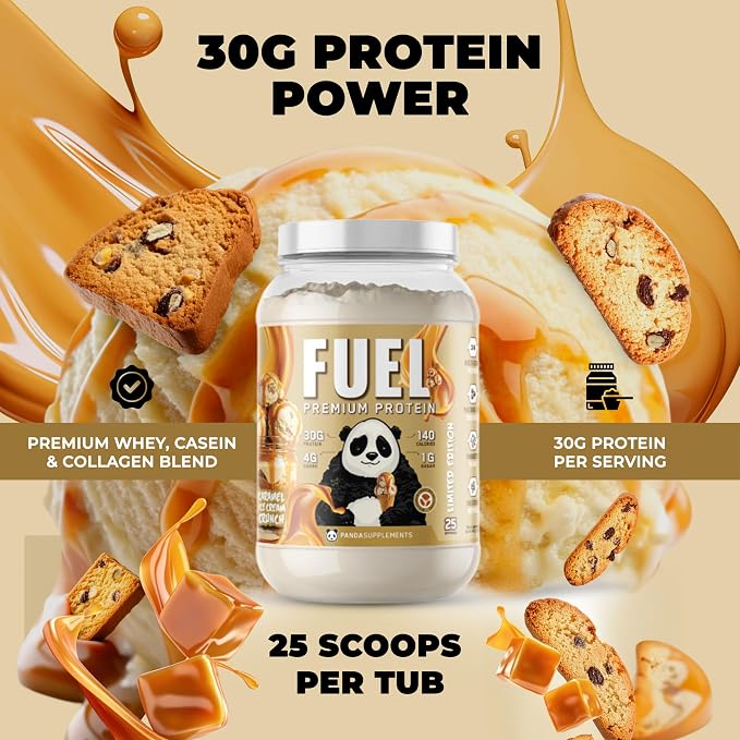 Underground Bio Labs Panda Fuel Premium Protein Whey,Hydrolyzed Collagen,Casein,Probiotics, Enzymes, Keto Friendly,Time Release, 25 Servings (2.5 Pound, Caramel Ice Cream Crunch)