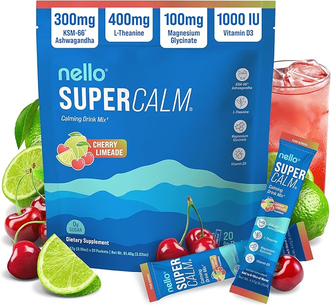 Nello Supercalm Powdered Drink Mix, Cortisol Reducer* and Sleep Aid Supplement, L Theanine, Ksm-66 Ashwagandha, Magnesium Glycinate, Vitamin D 3, No Sugar, Non GMO, On The Go, 20 Ct, Cherry Limeade