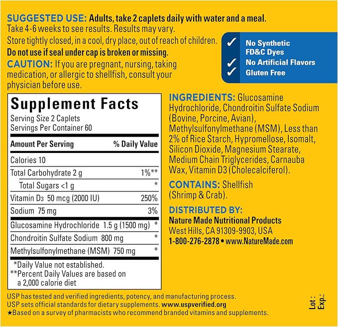 Nature Made Glucosamine Chondroitin Complex with MSM, Dietary MSM Glucosamine Chondroitin Supplement for Joint Support, 120 Caplets, 60 Day Supply