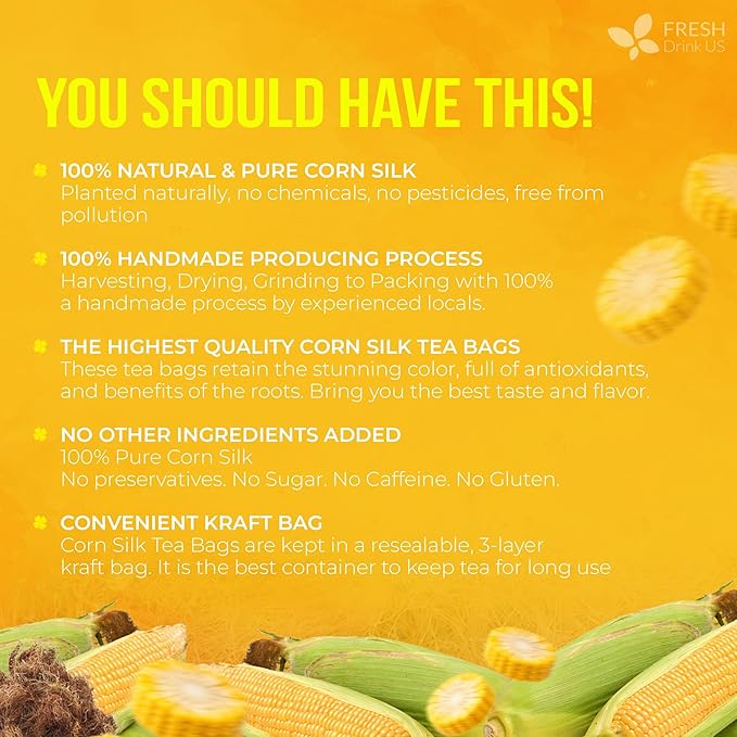 FreshDrinkUS, Premium 135 Tea Bags Corn Silk Tea, 100% Natural & Pure from Corn Silk. Herbal Tea. Clean Ingredients. Made with Natural Material Tea Bags. No Sugar, No Caffeine, Vegan.