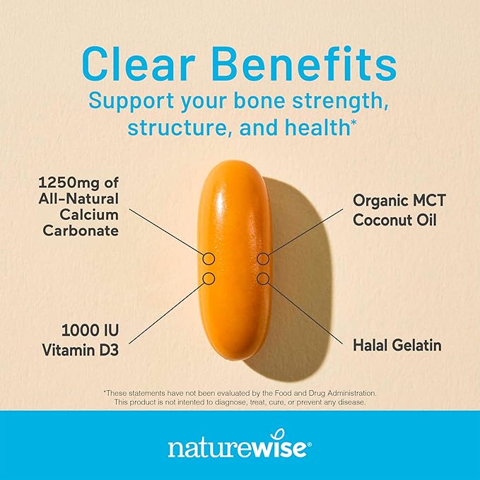 (Pack of 3) NatureWise Calcium 1250mg + D3 1000IU + Organic MCT Oil - 60 Softgels[30-Day Supply] + [1] Vitamin K2 - MK-7 100mcg + MK-4 500mcg - Non-GMO - 90 Softgels[3-Month Supply]