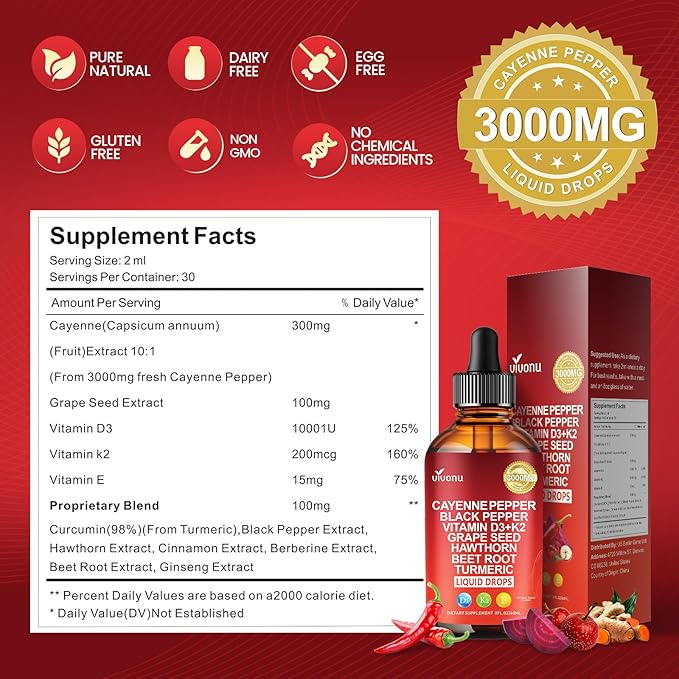 VivoNu Cayenne Pepper Softgels Supplement, Supports Leg Vein, Heart and Blood Vessel Health, with Vitamin E D3+K2 and Extracts of Grape Seed, Hawthorn, Beetroot, Berberine (Drops /4 Bottle)