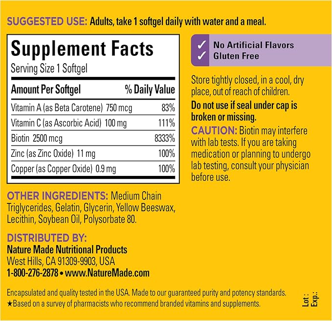 Nature Made Hair Skin and Nails with Biotin 2500 mcg, Dietary Supplement For Healthy Hair Skin and Nails Support, 120 Softgels, 120 Day Supply