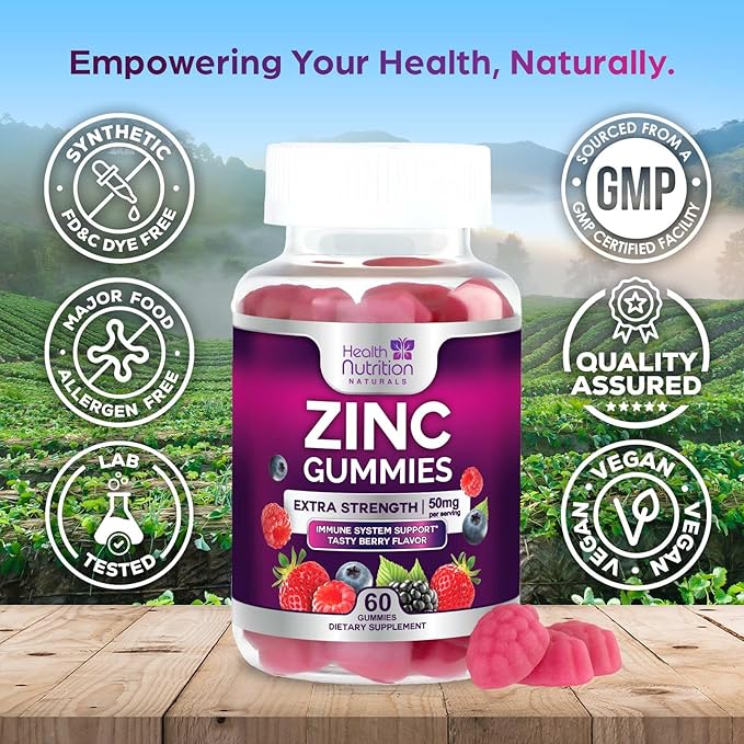 Zinc Gummies 50mg per Serving - Extra Strength Immune Support Antioxidant Gummy, Non-GMO & Gluten Free - Best Zinc Supplement for Skin Bone & Heart Health - Chewable Tasty Berry Flavor - 60 Gummies