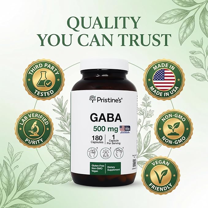 PRISTINE'S GABA 500mg Sleep Quality Support Supplement - 180 Day Supply - Calm Mind & Relaxation Sleep Support Capsules Glass Bottle