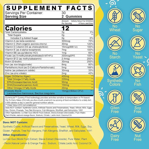 (2 Pack) Kids Multivitamin Gummies with Iron, Sugar Free, Kids Daily Vitamins + Probiotics, Algae Omega 3 (EPA/DHA), A, C, D, Methyl B12, Folate, B6, Zinc, Biotin, for Healthy Growth, Immune Support