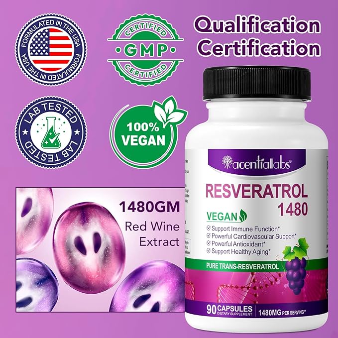 100% Natural Resveratrol - 1480mg Per Serving, 90 Veggie Capsules, 99% Pure Trans-Resveratrol, Antioxidant for Healthy Aging, Brain & Heart Support