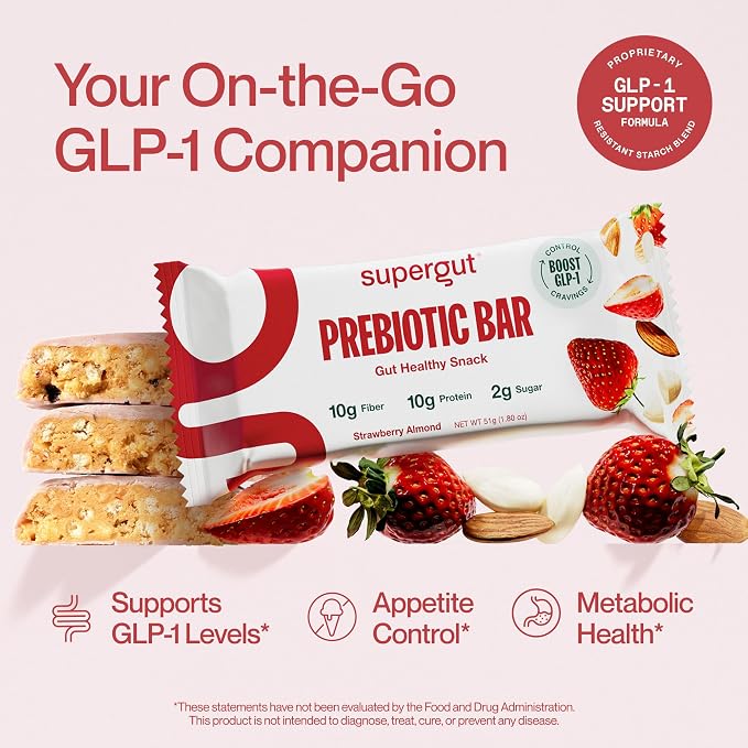 Supergut GLP-1 Boosting Prebiotic Bars, Strawberry Almond - Gut Healthy Protein Snacks & Breakfast Bars - Keto-Friendly Meal Replacement Energy Bars for Gut Health (12 Count)