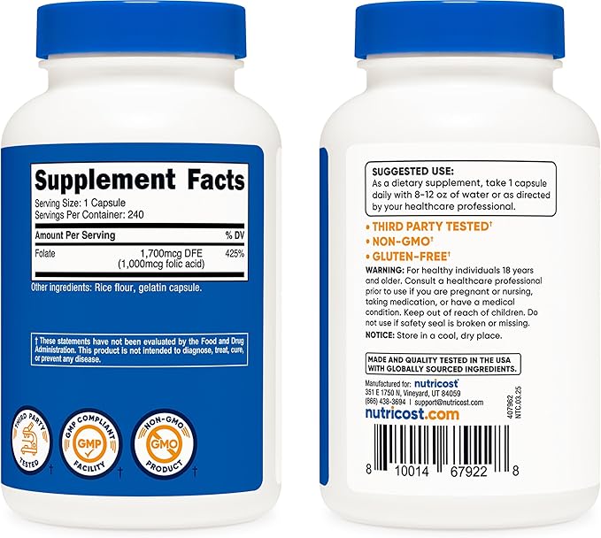 Nutricost Folic Acid (Vitamin B9) 1000 mcg, 240 Capsules