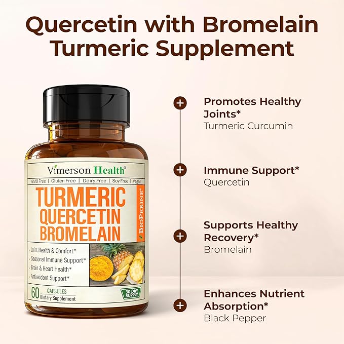 Quercetin with Bromelain Turmeric Curcumin Supplement – Allergy Relief, Immune & Joint Support – Organic Turmeric Supplement w/Bioperine for Enhanced Absorption, 60 Quercetin 500mg Capsules