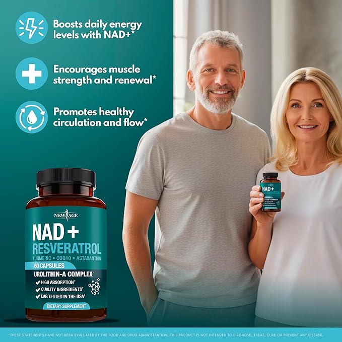 NEW AGE NAD+ Supplement Complex – NAD+ 300 mg with Astaxanthin, Urolithin A, Resveratrol, CoQ10 & Antioxidant Blend – Cellular Energy, Mitochondrial Support or Women & Men – Vegan, Non-GMO- 60 Count