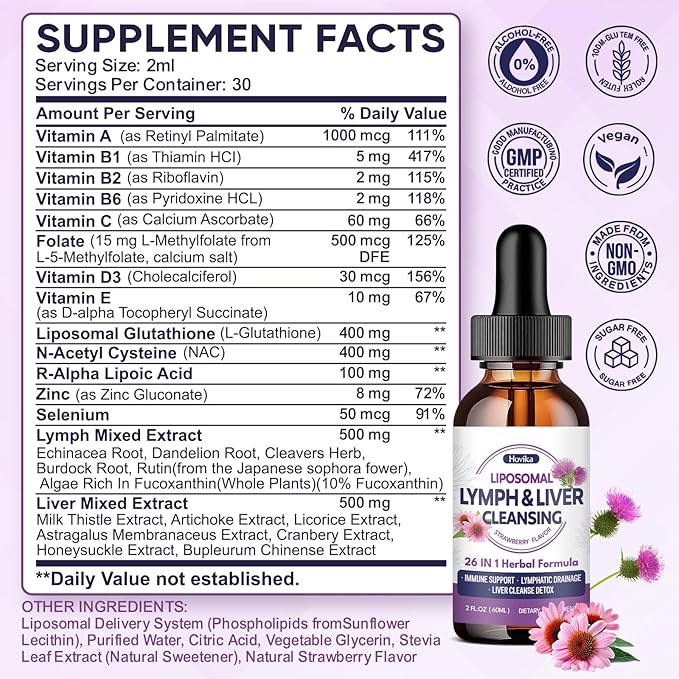 Liposomal Lymphatic Drainage Drops, 26 in 1 Liver Cleanse Detox & Repair with Milk Thistle, Echinacea, Glutathione, Vitamins, Lymph-Liver Cleanse, Gut & Metabolic Health - Strawberry Flavor, 4 Fl Oz