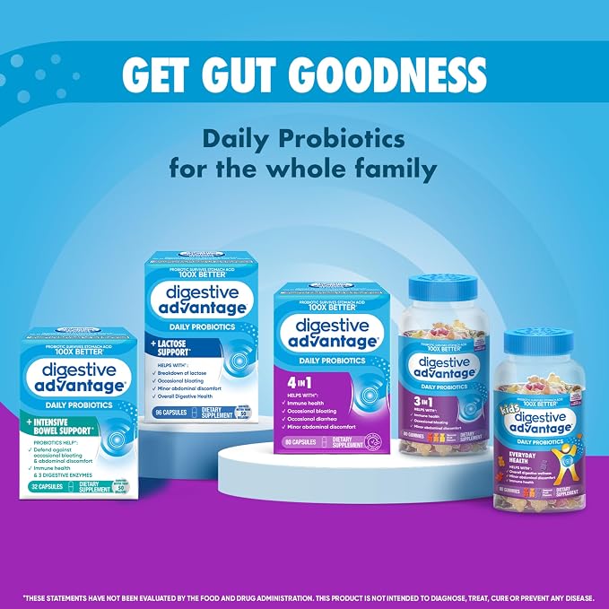 Digestive Advantage Probiotic Gummies For Digestive Health, Vitamin D, Daily Probiotics For Women &Men Occasional Bloating, Minor Abdominal Discomfort & Gut Health, 80ct Natural Fruit Flavors