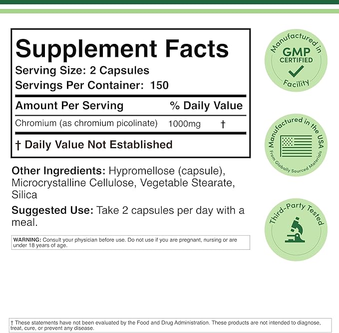 Chromium Picolinate 1000mcg for Healthy Weight Management (High Absorption and Bioavailability) (300 Vegan Safe Capsules, Non-GMO, Gluten Free) by Double Wood Supplements