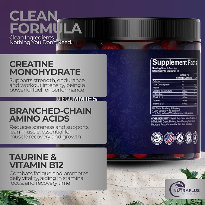 Creatine Monohydrate Gummies 8000mg per Serving for Men & Women – Creatine Gummies with BCAA, Taurine, L-Carnitine & Vitamin B12 – Made in USA, Vegan, Gluten Free, Berry Flavor, 120 Count