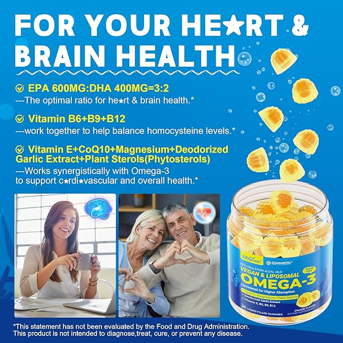 Vegan Omega-3 Gummies 1000mg +CoQ10+Magnesium- EPA 600mg DHA 400mg, Fish Oil Omega 3 Supplements Alternative for Women Men Adults, Liposomal, Algae, Plant Sterols, Garlic,B6,B9, B12, Sugar Free, 2Pack