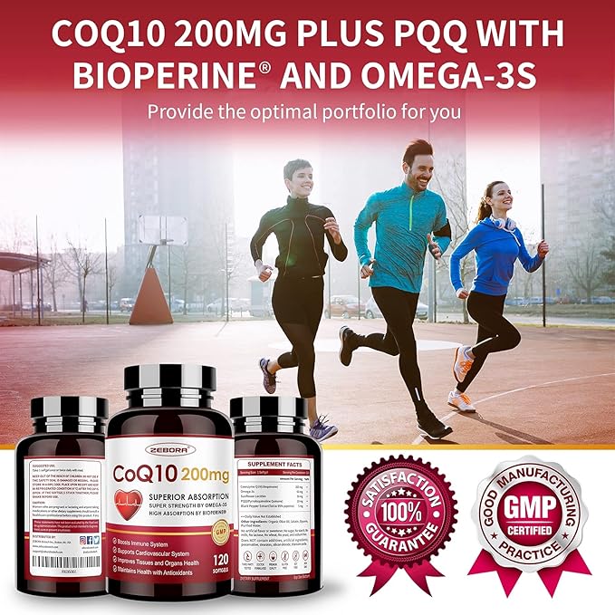 ZEBORA CoQ10-200mg-Softgels with PQQ, BioPerine & Omega-3, 120 Servings Coenzyme Q10(Ubiquinone) Supplement for High-Absorption, Powerful-Antioxidant, Support Heart & Energy-Production