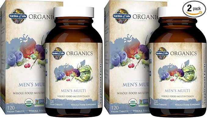 Garden of Life Organics Whole Food Multivitamin for Men,120 Tablets,Vegan Mens Vitamins and Minerals for Health and Well-Being,Certified Organic Vegan Multi,(Pack of 2)