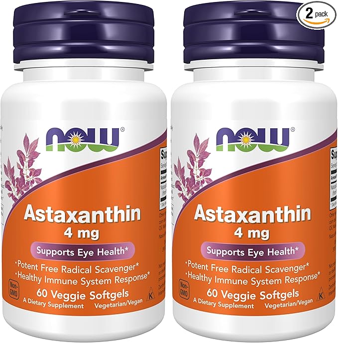 NOW Foods Supplements, Astaxanthin 4 mg, Features Zanthin®, Supports Eye Health*, 60 Veg Softgels, (Pack of 2)