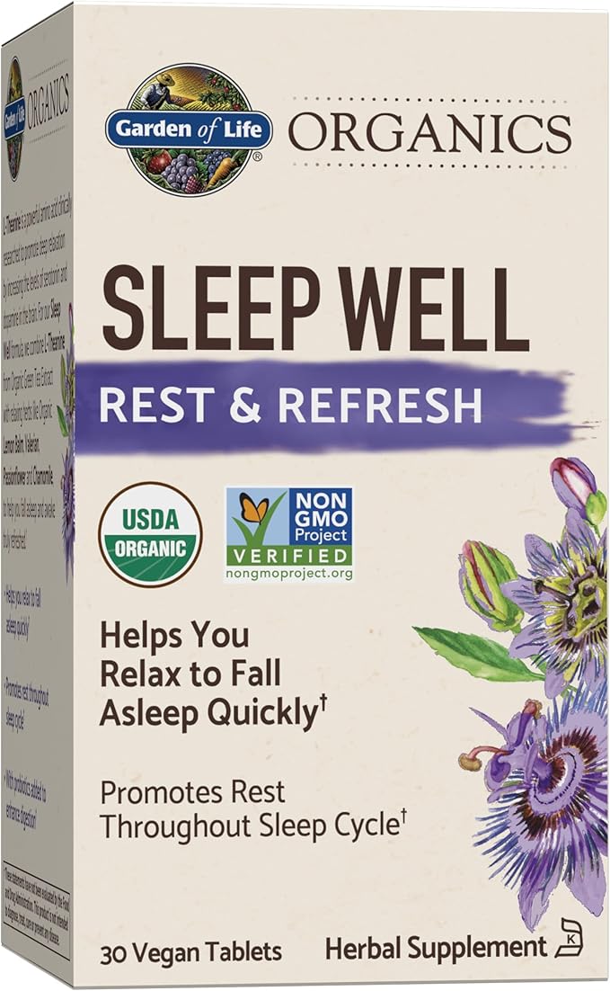 Garden of Life Organics Sleep Well Rest & Refresh Tablets with Lemon Balm, Green Tea Extract, Chamomile & Probiotics – Support for Restful Sleep & Relaxation, Non-GMO, Gluten-Free, Vegan, 30 Tablets