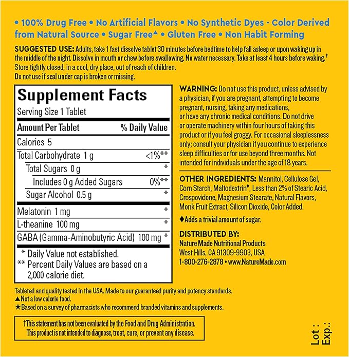 Nature Made Wellblends Back To Sleep, Lower Dose Melatonin 1 mg, L theanine 100 mg and GABA 100mg, Sleep Supplement, 40 Fast Dissolve Tablets