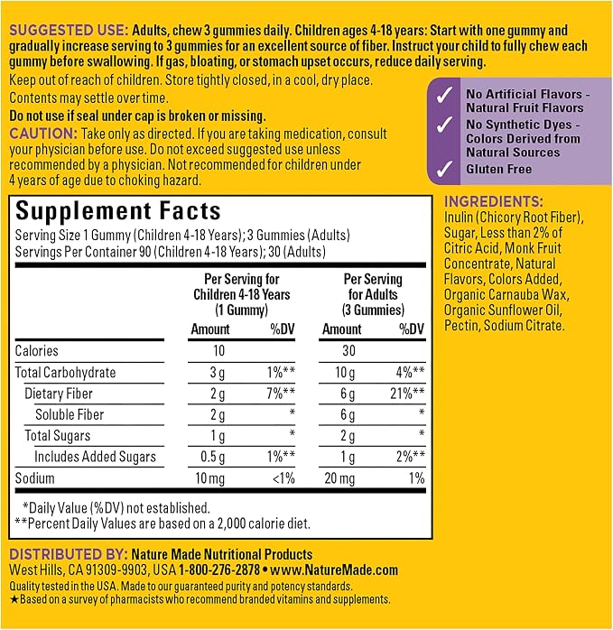 Nature Made Prebiotic Fiber Gummies for Adults and Kids, Fiber Supplement for Digestive System Support, 90 Gummies