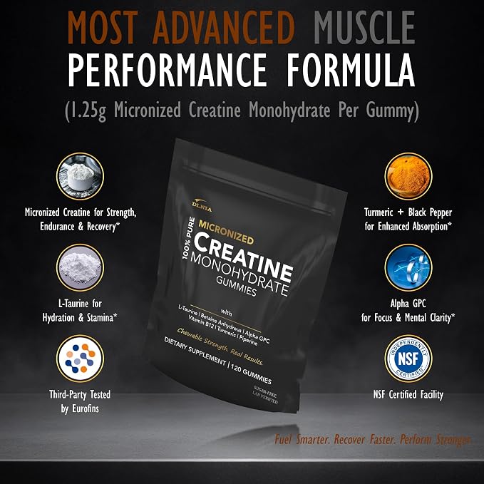 Creatine Monohydrate Gummies for Men & Women - Sugar Free & Vegan Advanced Formula W/L-Taurine + Vitamin B12 - for Muscle Strength, Muscles Builder, Recovery (120 Count (Pack of 1), Strawberry)