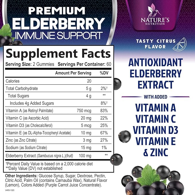 Elderberry Immune Support Gummies - 3X Strength Sambucus Elderberry Gummy with Vitamin C, D3 & Zinc - Nature’s Black Elderberry Extract - Immune Support Supplement for Adults & Kids - 120 Gummies