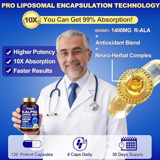 1400MG R Alpha Lipoic Acid, 28-in-1 Stabilized ALA Supplements, Neuropathy Supplements with L-Carnitine, NAC & B-Complex, R-ALA Supplement Antioxidant for Nerve, Brain, Energy丨Vegan, 240 Capsules