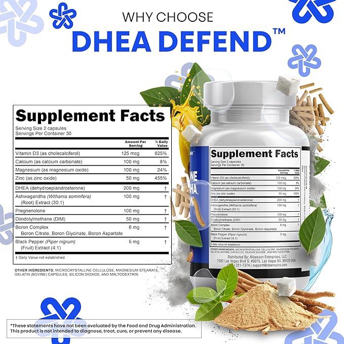 DHEA 200mg Supplement Pregnenolone 100mg for Men & Women with DIM Ashwagandha Boron 6mg Complex Calcium Magnesium Zinc 50mg Vitamin D3 5000 IU Hormone Support Capsules Pills Made in USA 60 Count