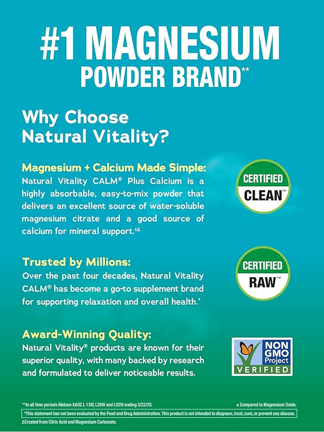 Natural Vitality Calm, Magnesium & Calcium Supplement, Drink Mix Powder Supports a Healthy Response to Stress, Gluten Free, Vegan, & Non-GMO, Raspberry Lemon, 16 oz