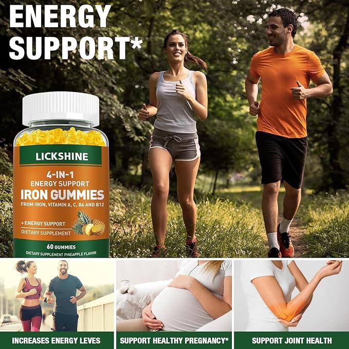 lickshine 2 Pack Vegan 100MG Iron Supplement Gummies for Women & Men - with Vitamin C, A, B for Adults & Kids - Energy Support for Iron Deficiency, Anemia - Pineapple Flavor (120 Ct)