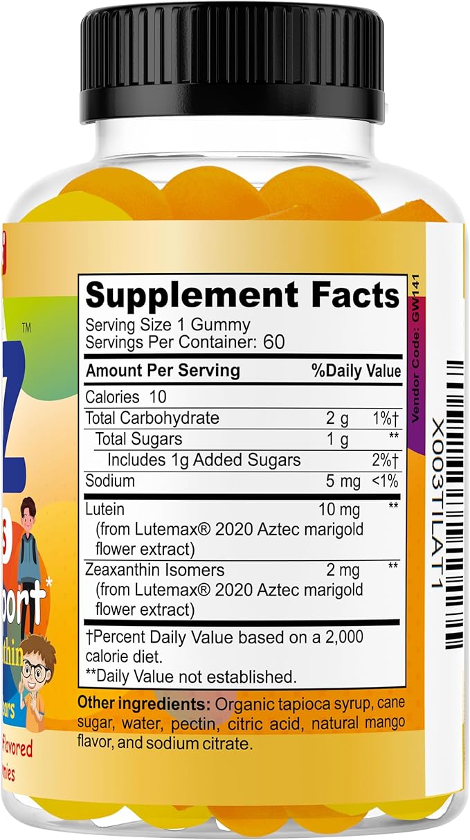 BrightKids Eye Health Gummies for Kids & Teens – Lutein & Zeaxanthin Vision Support – Vegan, Non-GMO Eye Vitamins for Screen Time – Tasty Mango Flavor – 60 Gummies
