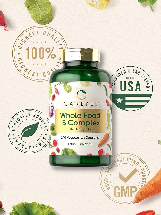 Carlyle Vitamin B Complex Whole Foods Blend | 240 Capsules | with B1, B2, B6, B12, Biotin, Niacin, and Methylfolate | Vegetarian, Non-GMO & Gluten Free Supplement