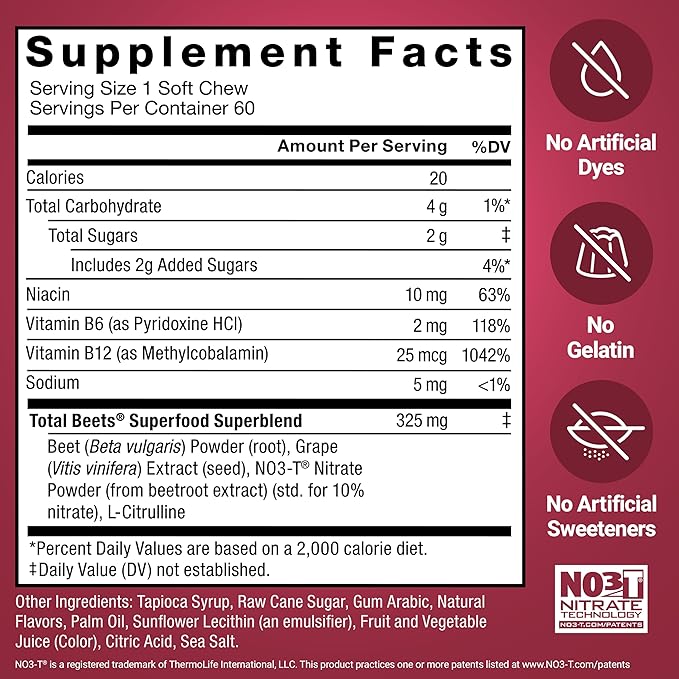 Force Factor Total Beets Soft Chews with Beetroot, Nitrates, L-Citrulline, Grapeseed Extract, & Antioxidants, Healthy Energy Supplement with Elite Ingredients for Heart, Superfood, 180 Count, 3-Pack