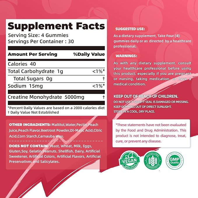 Allcoovita Creatine Monohydrate Gummies 5g for Men & Women. Boost Focus,Strength, and Endurance, Anti-Melting Formula, Vegan, Gluten-Free, Non-GMO,(Peach 120 ct)