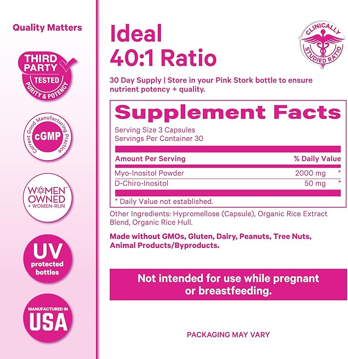 Pink Stork Inositol Supplement for Women – 40:1 Myo-Inositol & D-Chiro Inositol – Hormone Balance for Women – Healthy Ovulation & Fertility Support – Cycle Regularity & Metabolic Wellness, 30 Servings