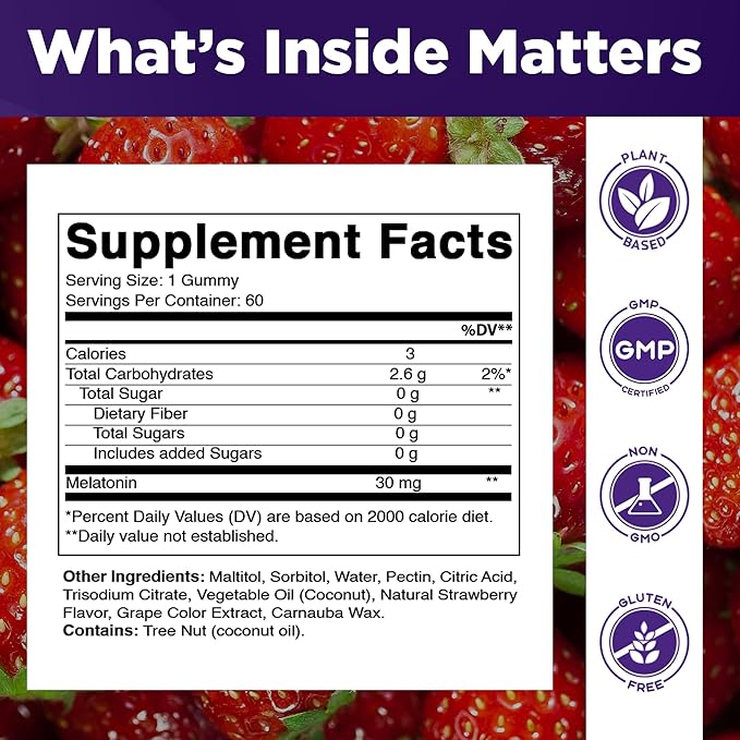 Vitamatic Sugar Free Melatonin 30mg per Gummy - 60 Servings - 60 Vegetarian Gummies - Non-Habit Forming Supplement (60 Count (Pack of 2))