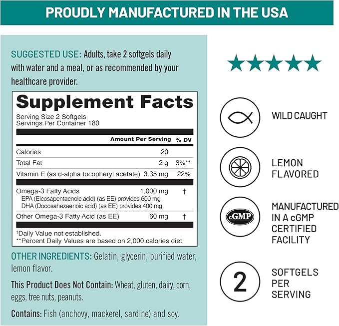 NatureWise Extra-Strength Omega 3 Fish Oil Supplement - 1000mg per Serving - 600 EPA & 400 DHA and Vitamin E - Support for Heart & Brain Health - Lemon Flavor, GMO-Free - 360 Softgels[6-Month Supply]