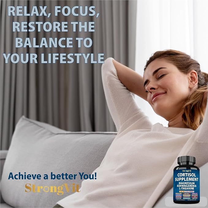 StrongVit Cortisol Supplements for Women and Men with Magnesium, Ashwagandha & L-Theanine. High Cortisol Reducer, Manager, Detox, Lower and Control. Sleep Support & Stress Relief, USA (120 Capsules)