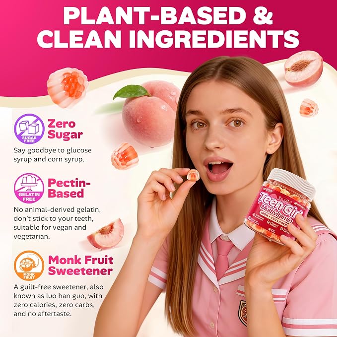 Methylated Multivitamin Gummies for Teen Girls 12-17, Methylfolate, Iron, Collagen, D3 K2, Magnesium, Zinc, Daily Vitamins A C E, B Complex for Teenager Growth, Skin, Bone, Energy - Sugar Free, 60 Cts