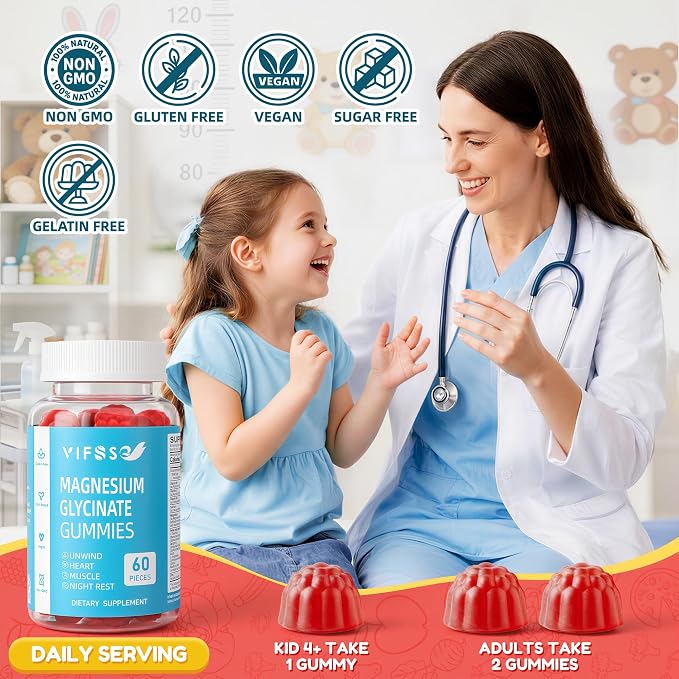 VIFSSG Sugar Free Magnesium Glycinate Gummies 400mg for Adults & 200mg for Kids, Bisglycinate Supplement with L-Theanine, Chamomile, Lemon Balm, Strawberry Flavor, 2-Pack（120 Gummies）